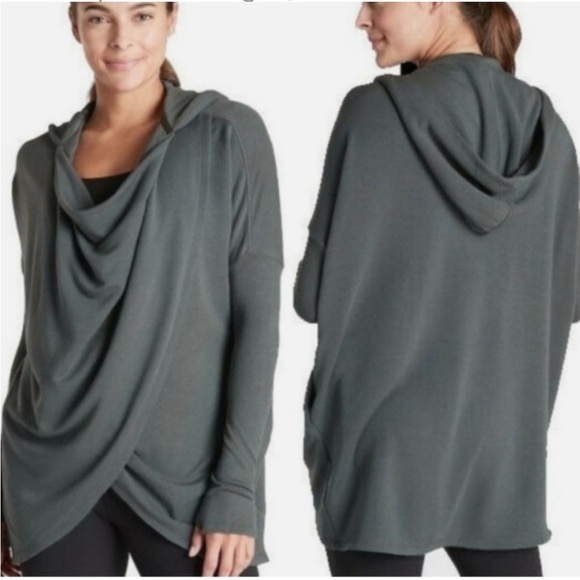 Athleta Purana Wrap Sweatshirt Bali Green Hooded Crossover Tulip Hem - Picture 1 of 14